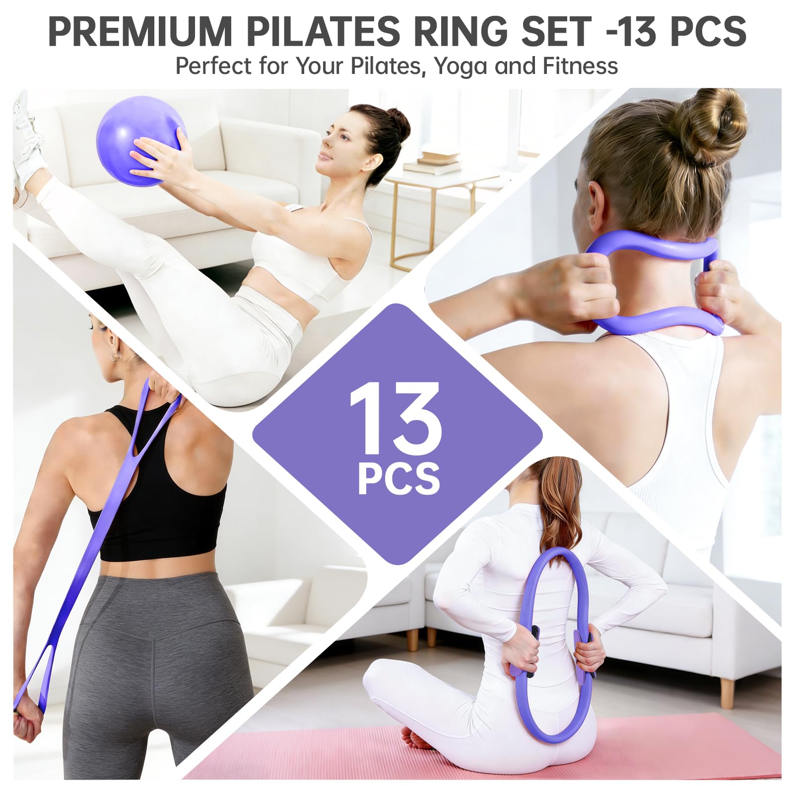 Pilates Ring Set, 13-teiliges Fitness-Set mit Pilates-Ringen, Mini-Yoga-Ball, Fitnessbändern, Widerstandsbändern, Zubehör für Zuhause, Gym, Pilates und Yoga Training