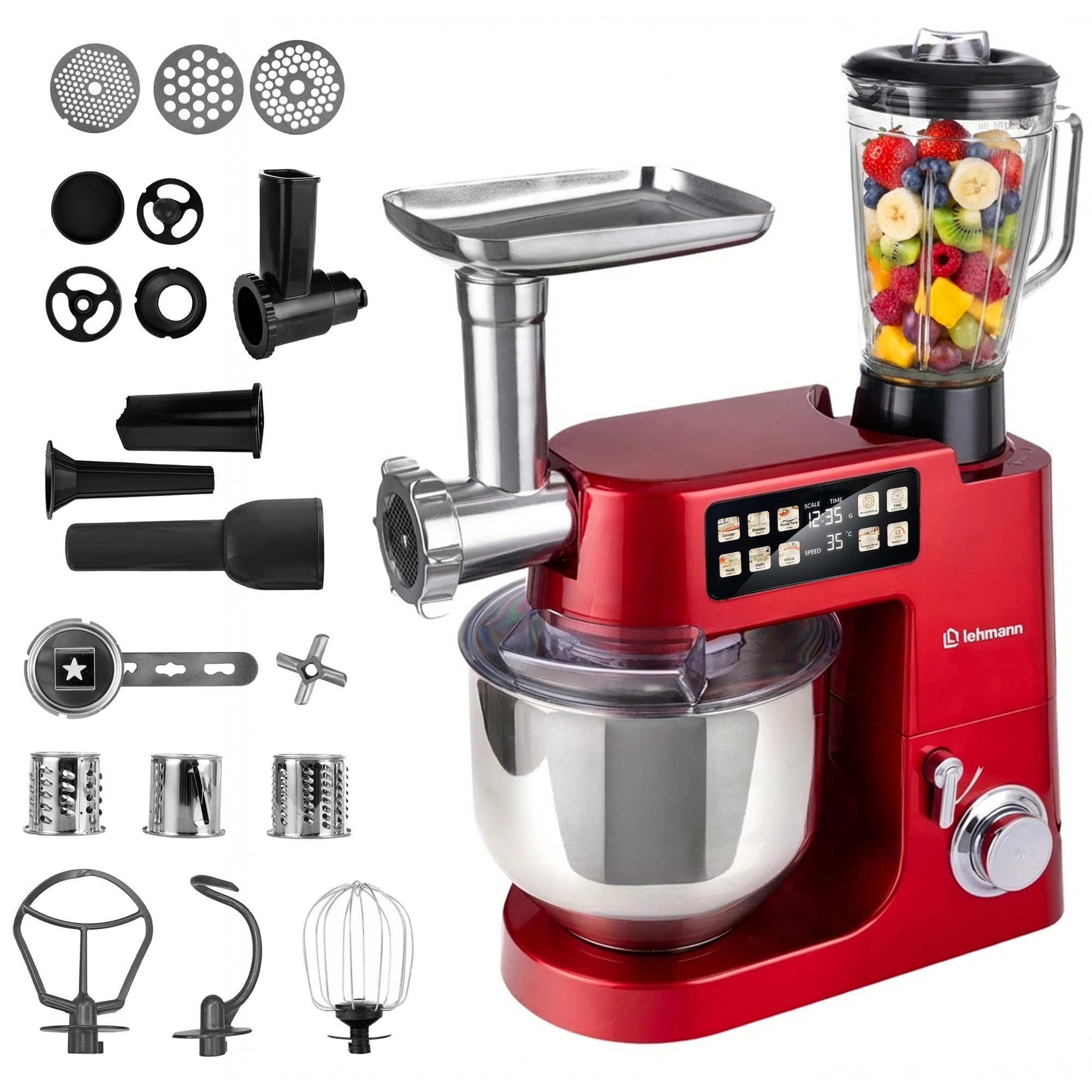 LEHMANN Teyles Impastatrice Planetaria Professionale 2100W 8L con Bilancia Integrata, Touchscreen e Ciotola Riscaldata, Blender 1,5L, Tritacarne, Planetaria per Pane e Pizza, Rosso
