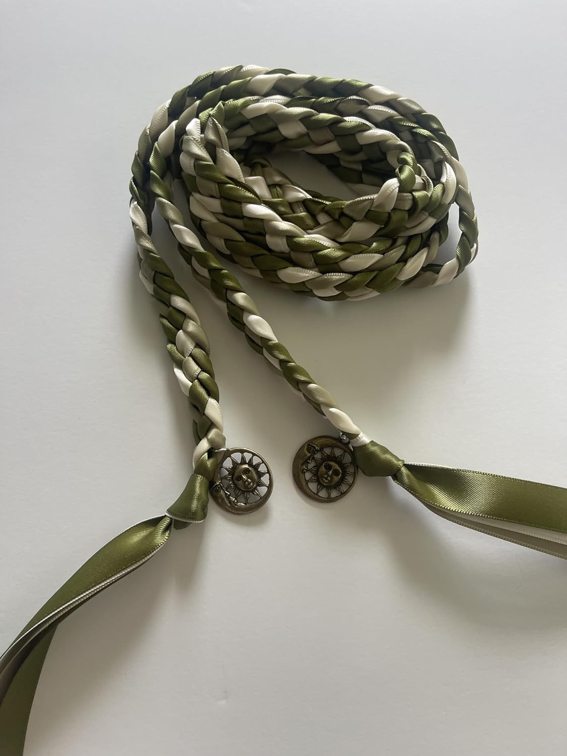 Moss, Sage, Ivory Handfasting Cord with Bronze Sun and Moon- Braided Together- Ceremony- Rope- Cord- Wedding