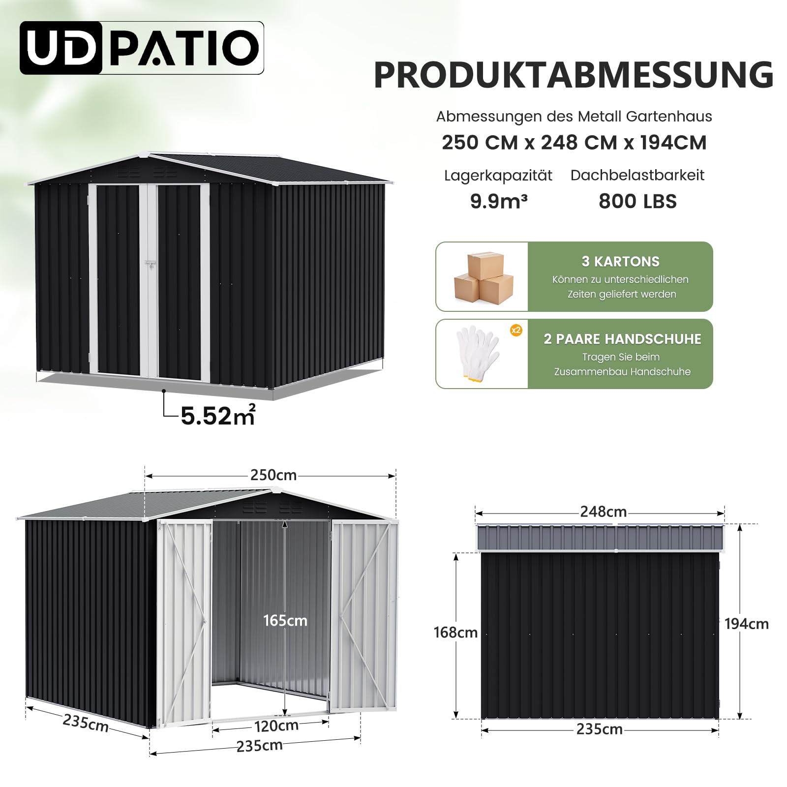 UDPATIO Metall Gartenhaus mit 10 m³, Pultdach - 250 x 248 x 194 cm für den Außenbereich, Geräteschuppen, Fahrradgarage, Verzinkter Stahl mit Abschließbarer Tür für Hinterhof,Dunkelgrau