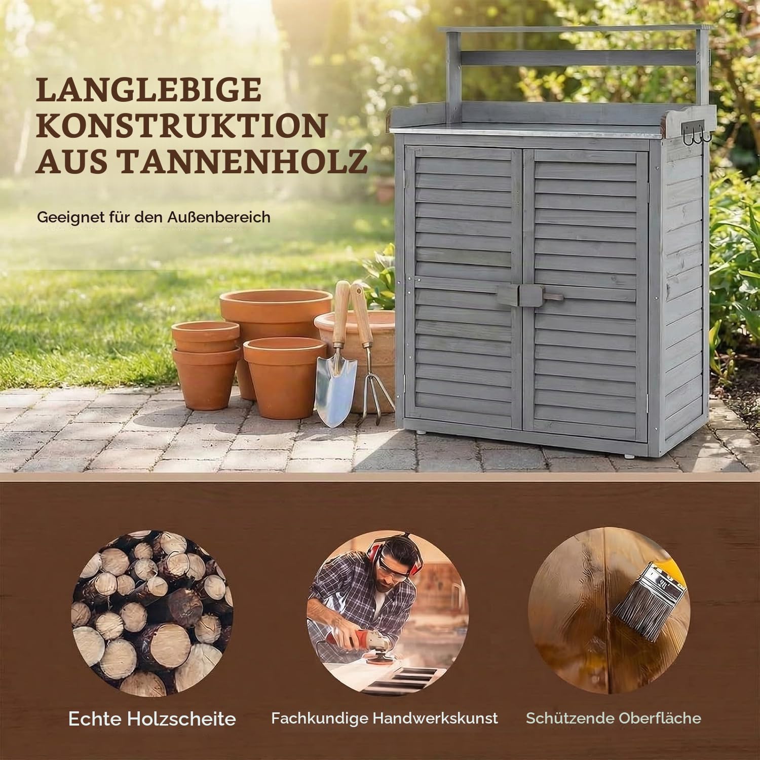 RELAX4LIFE Pflanztisch Outdoor, Gartentisch Holz mit Unterschrank, Verzinkter Arbeitsplatte, Abnehmbaren Regalen & Haken, Arbeitstisch wetterfest für Garten, Hof, Terrasse, 87 x 45 x 120 cm, Grau
