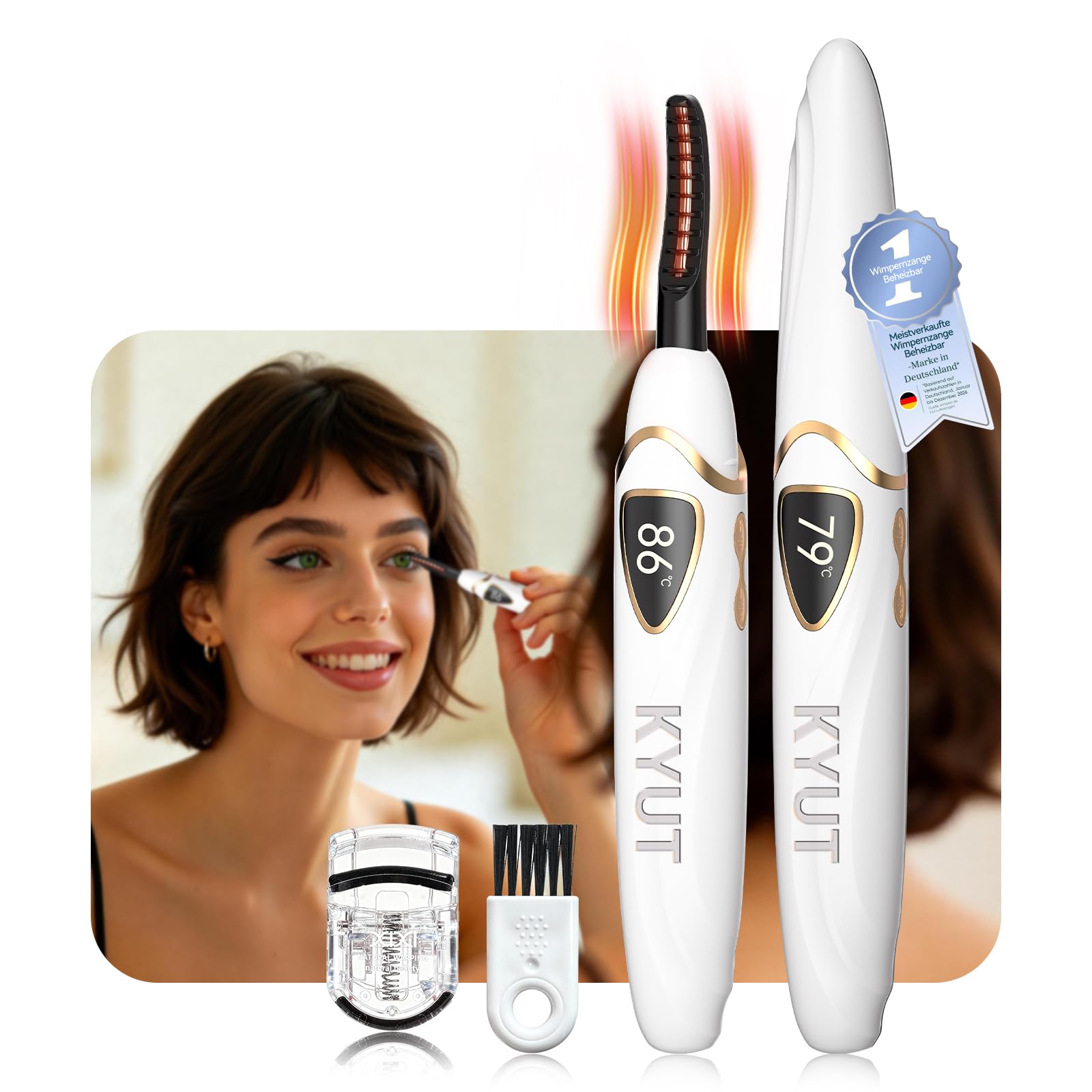 KYUT Wimpernzange 2-in-1 Wimpernzange Beheizbar【Nr.1 in Präzise Temperaturregelung-Zertifiziert】【Schnelle Heiztechnologie für sofortiges Styling】Elektrischer Wimpern-Curler mit Display für Morning