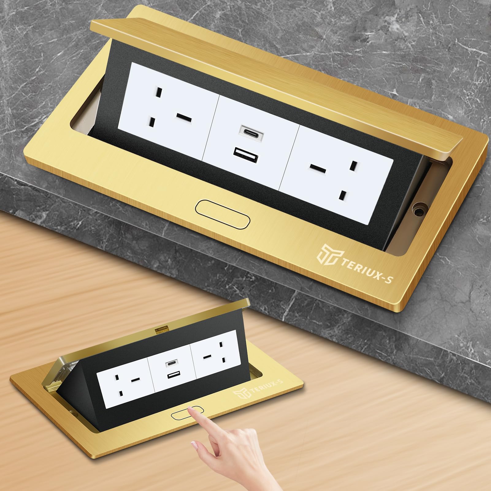 Desktop Power Socket with USB C, Pop Up Electrical Outlet Cover Box, Recessed Aluminum Power Strip with 2 UK Plug, Hidden Pop Up Desk Sockets for Kitchen Worktops, Office(Golden)
