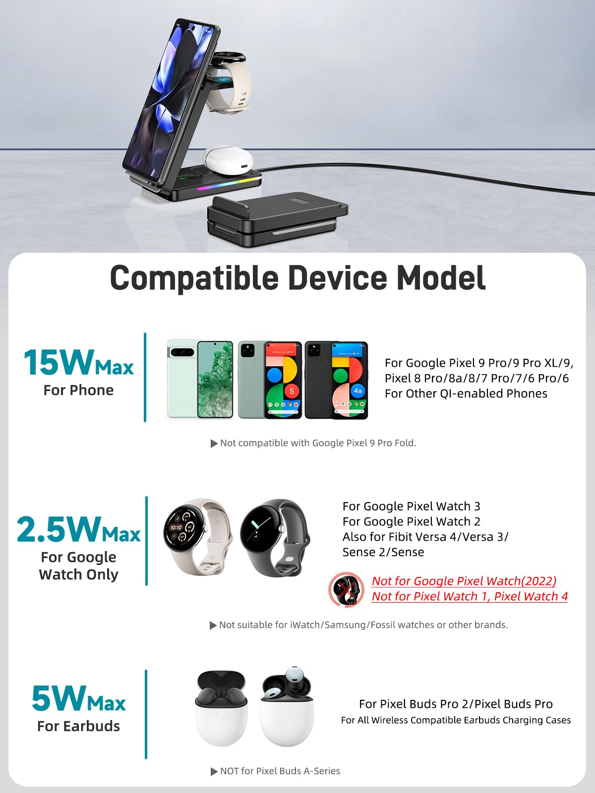 Estación de carga inalámbrica para Google Pixel Watch 3/2 (no para Watch 1), soporte de cargador inalámbrico 3 en 1 para Google Pixel 9 Pro/9/8/7/6/5/4, Pixel Buds Pro