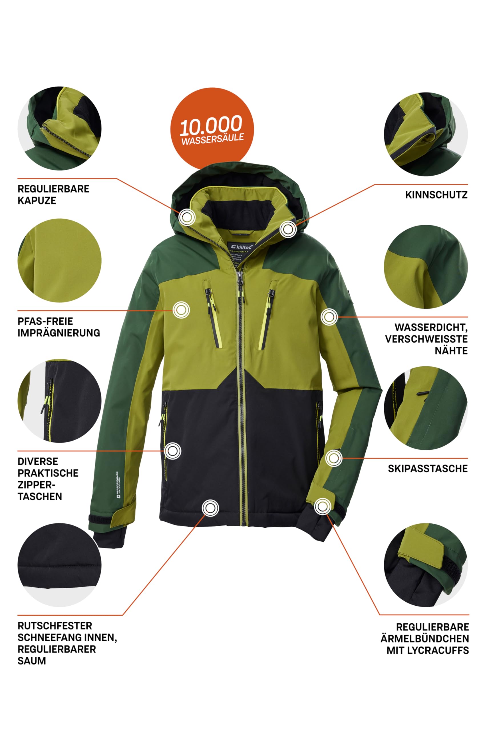 Killtec Jungen Skijacke/Funktionsjacke mit Kapuze und Schneefang KSW 190 BYS SKI JCKT, schwarz/khaki/dunkel waldgrün, 152, 43473-000