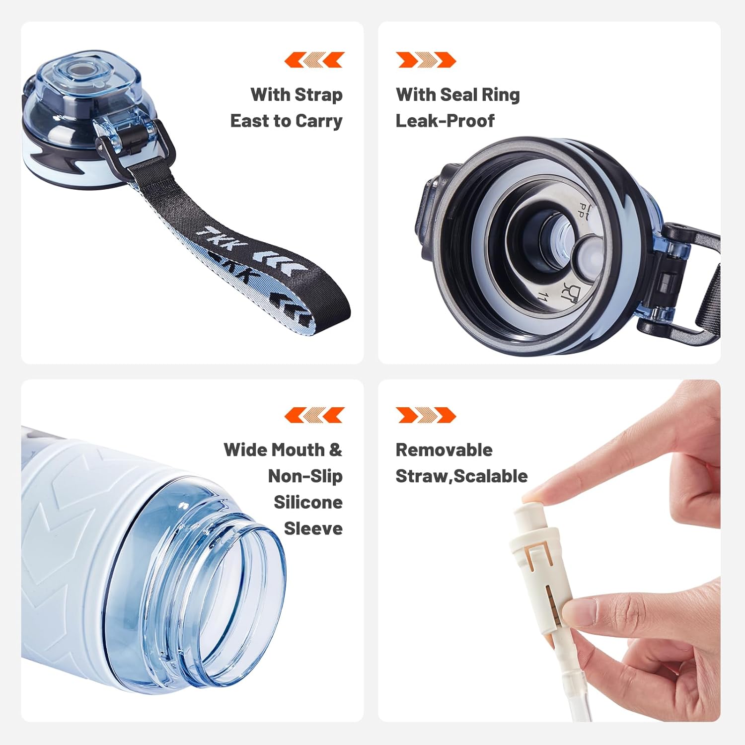 TKK Sports Water Bottles with Removable Straw 34 oz Leak-proof Flip Top Lid BPA Free Tritan Bottles with Strap for School, Fitness, Gym, Outdoor, Blue - Image 4