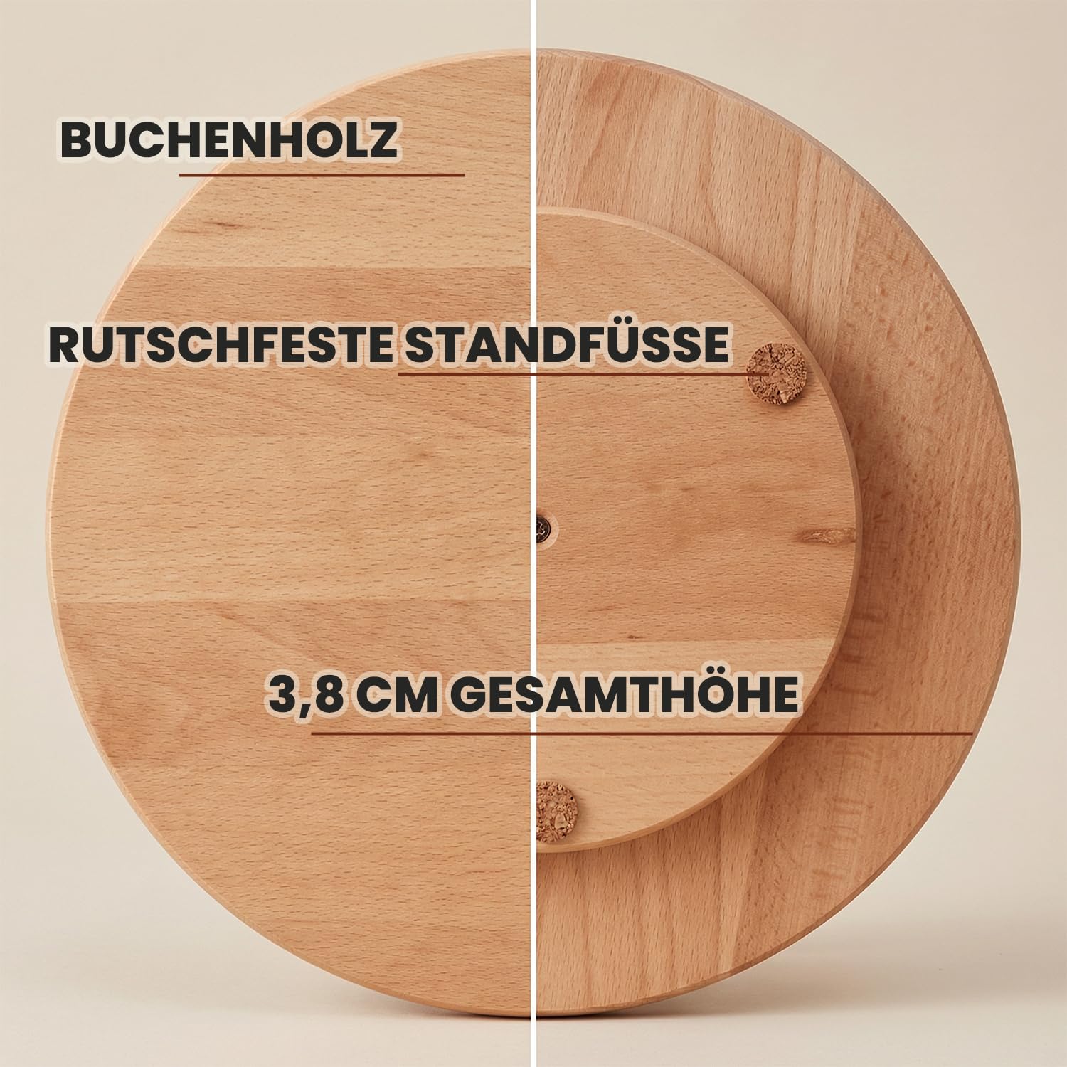 Drehteller Holz stabil mit Rutschfester Unterseite Durchmesser 40 cm | 40 cm, Robustes Buchenholz massiv, 360 drehbar, Stabiler Stand, Leichtgängige Rotation, Für Küche und Esstisch