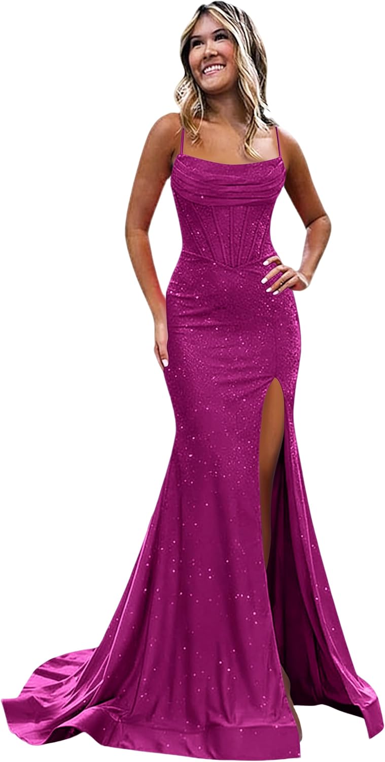 Sparkly Sequin Prom Dresses for Women with Slit Spaghetti Straps Corset Satin Mermaid Formal Evening Party Gown
