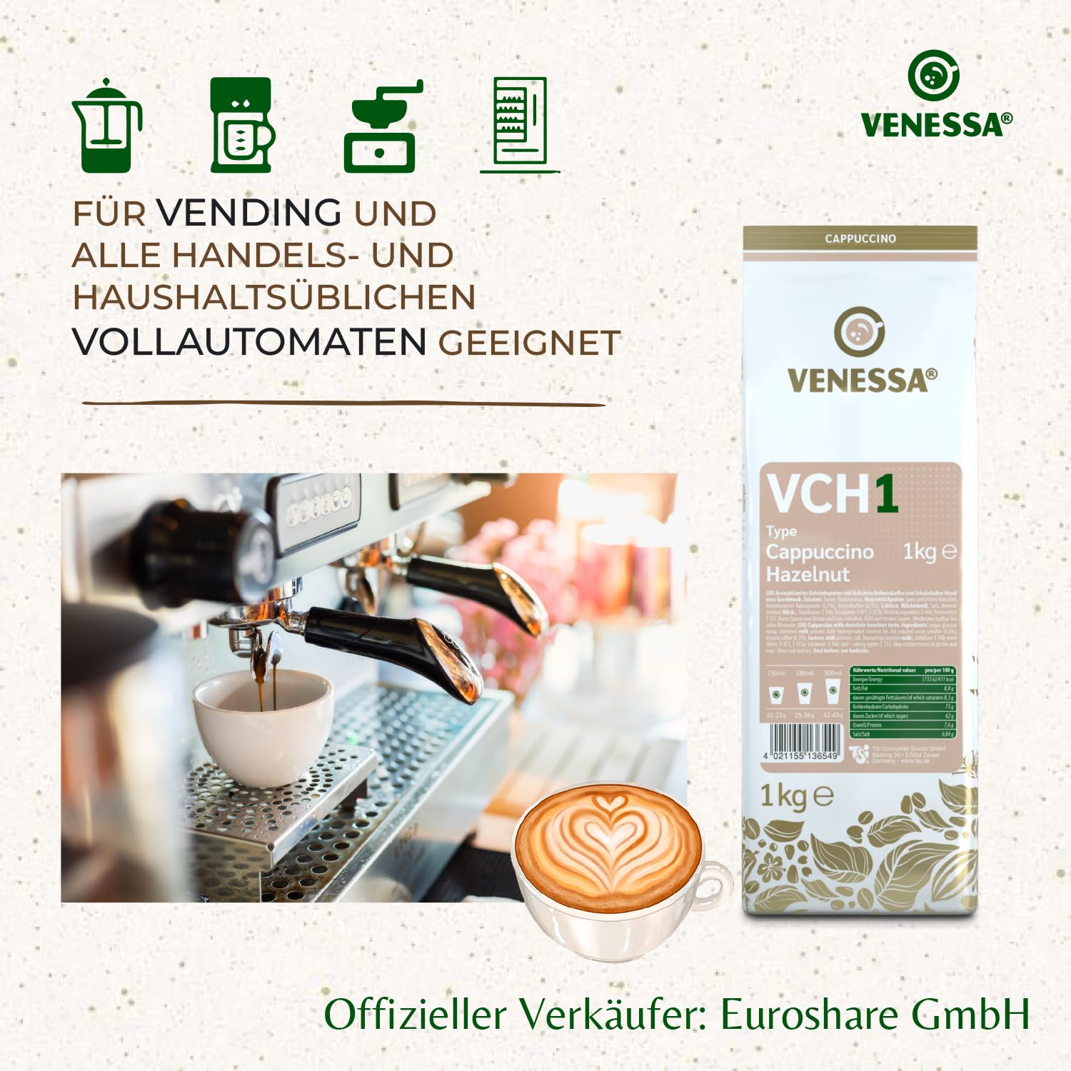 VENESSA VCH1 Cappuccino orzech laskowy, 20 x 1 kg, pyszna, kremowa kawa rozpuszczalna dla klientów biznesowych, vending, firm, gastronomii, dużych firm