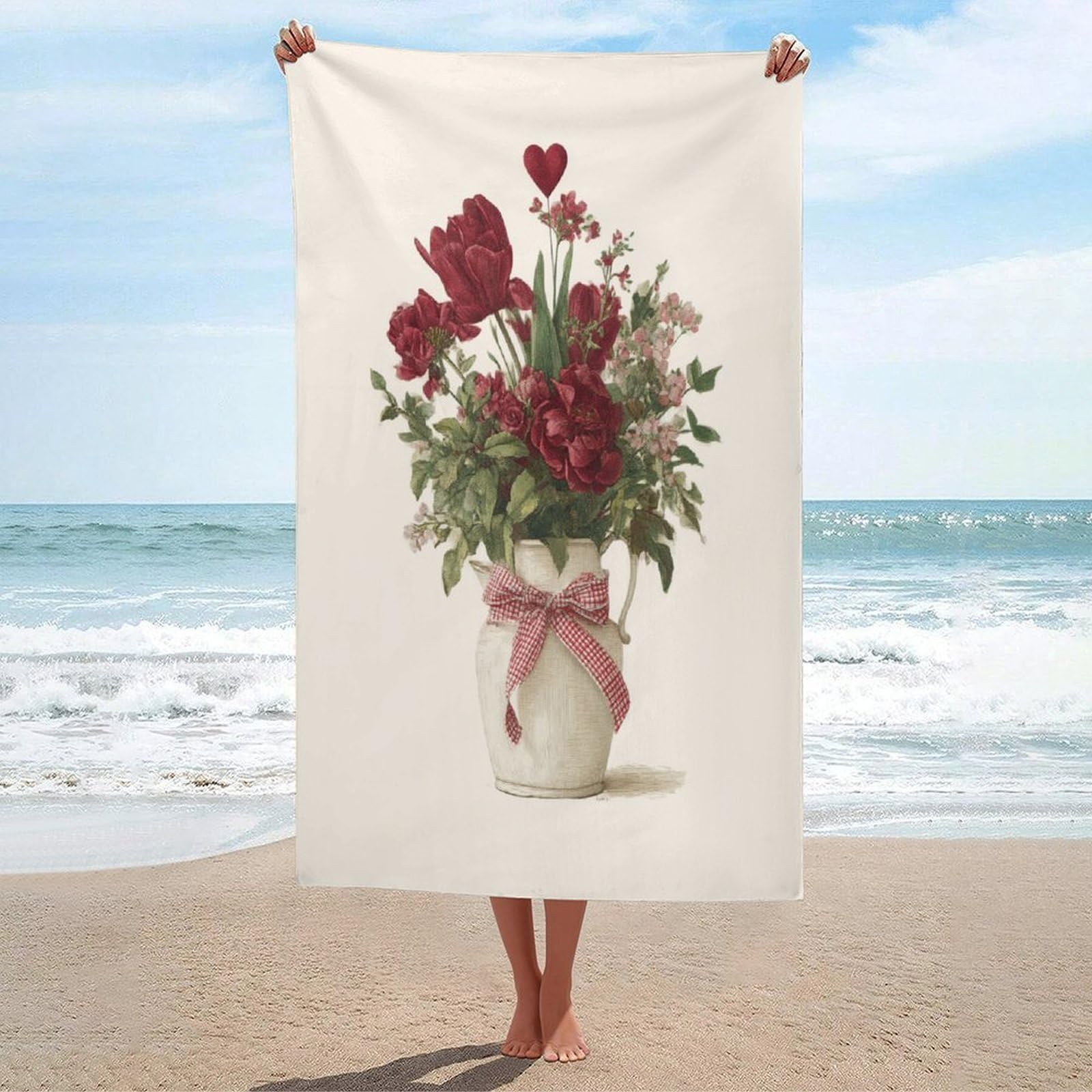 LSRCPD Vintage Romantic Red Flowers Roses Tulips Peonies Beach Towel Sand Free Microfiber Large Shower Towels Multipurpose Absorbent for Bathroom Pool 130x80 CM