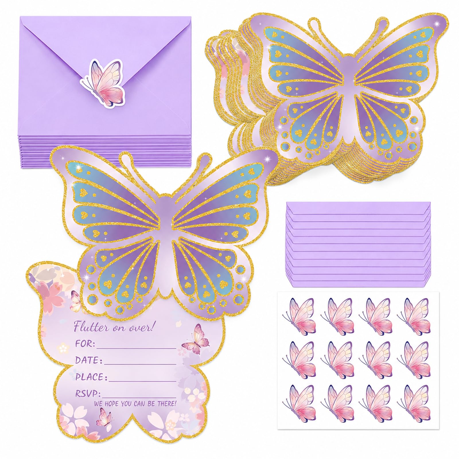 10 Pcs Butterfly Birthday Invitations for Girls, Purple Invite Cards with Envelopes and Stickers, Kids Party Supplies