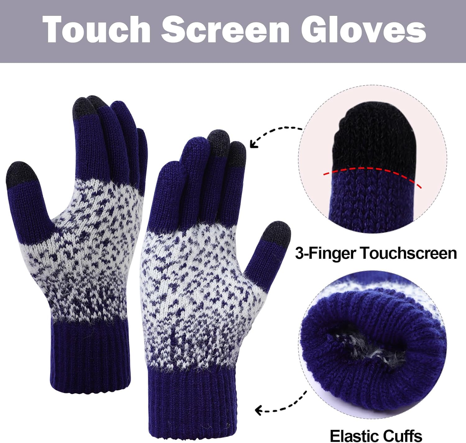 Women Beanie Hat Scarf Gloves Set, Warm Fleece Lined Winter Cap with Pom Pom, Long Knit Scarf Touchscreen Gloves - Image 4