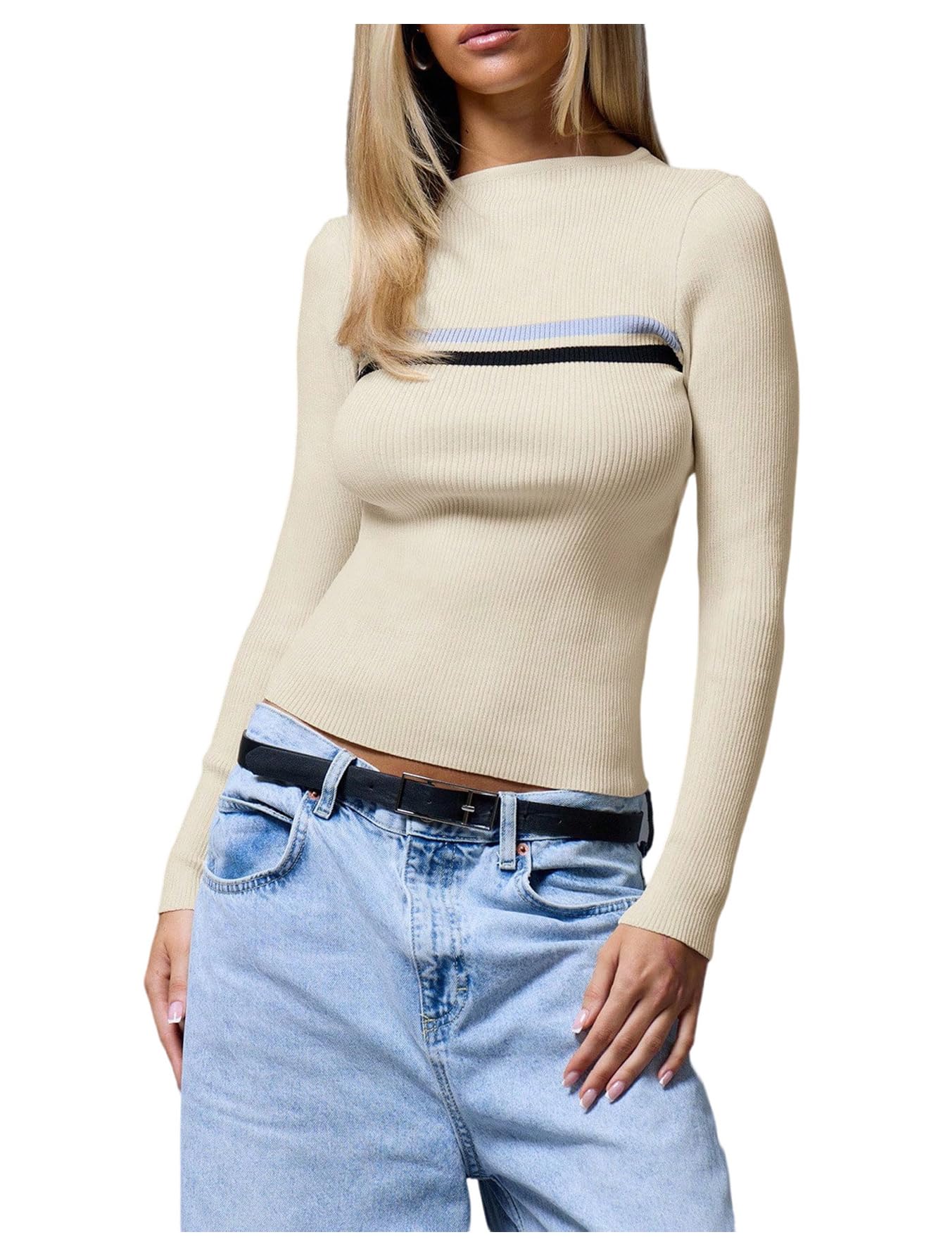 SOLY HUX Womens Long Sleeve Sweater Striped Crew Neck Slim Fitted Trendy Knit Pullover Tops