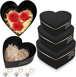 Glenmal 3 Pcs Heart Shaped Gift Boxes Set with LED Strings and 100g Shredded Paper Fill Decorative Heart Gift Boxes for Holiday, Birthday, Wedding, Baby Shower, Christmas Party Favor (Black)