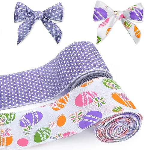 Threetols 2 rollos de cinta de Pascua con borde con alambre de 10 yardas, lazos de arpillera de puntos blancos y morados de 2.5 pulgadas para