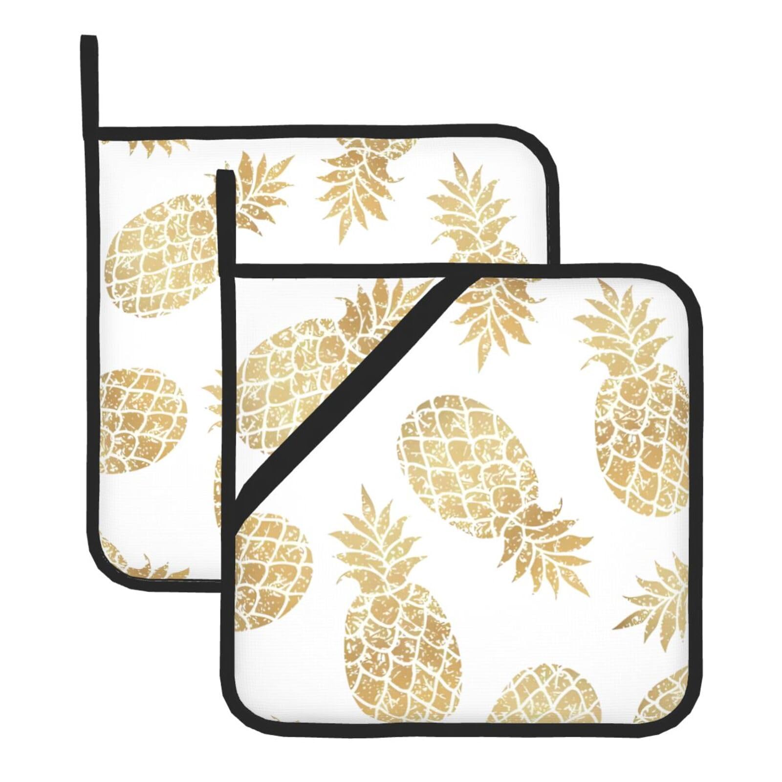 WHJSHOP golden pineapple background Prints Square Pot Holders - Waterproof Heat Resistant Kitchen Throw Pads for Hot Bowls & Dishes, Durable Oven Mitt Layers with Hanging Loop - Set of 2
