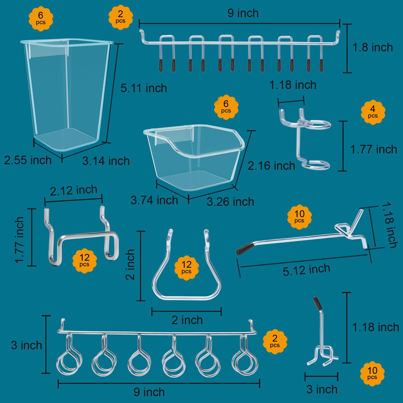 Kit organizer per accessori per pannelli forati, assortimento di ganci da 1/8 e 0,6 cm, contenitori per pannelli forati, ganci in metallo per appendere oggetti (trasparente)