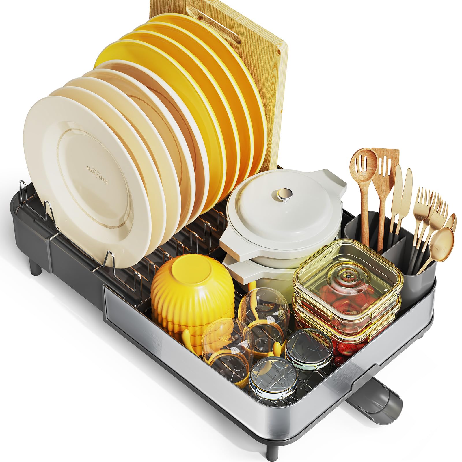 Extendable Dish Drying Rack - Stainless Steel Dish Rack with Dual Parts, Dish Rack for Kitchen Counter, Movable Utensil Drainer & Adjustable Drainage Spout, Gray