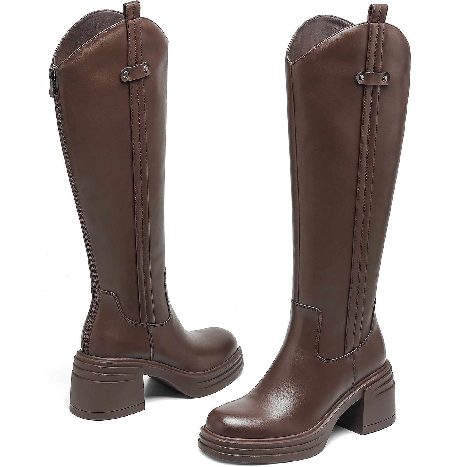 SLXCHBSL Women's Knee High Boots with Chunky Heel - Faux Leather Tall Boots for Fall Winter, Ideal for Office Wear, Date Nights & Travel, Round Toe &