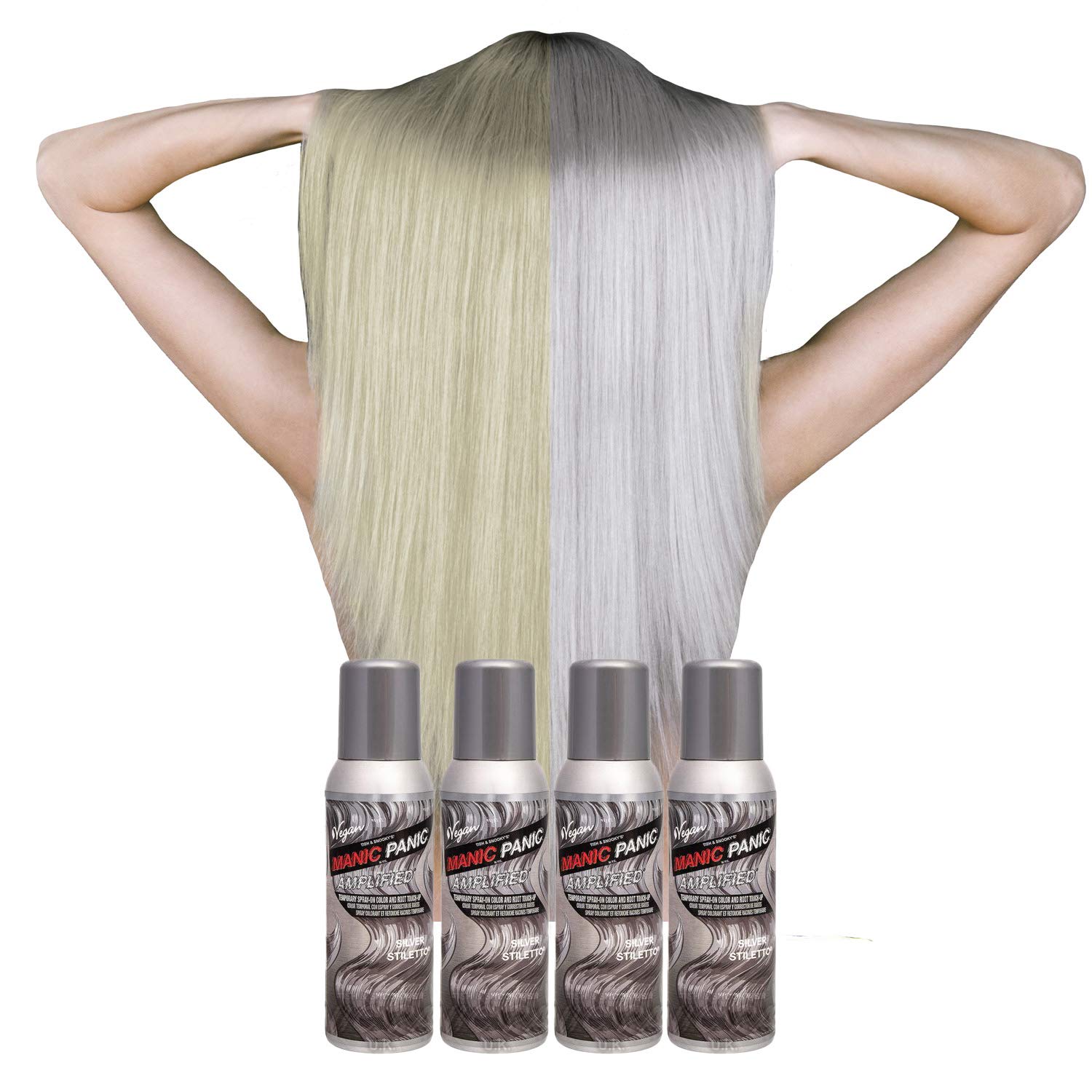 Manic Panic Silver Stiletto Color Spray, wegańska i nietestowana na zwierzętach tymczasowa srebrna farba do włosów, 3 x 100 ml
