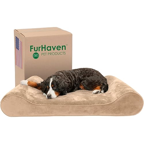 Furhaven Cooling Gel Dog Bed for Extra Large Dogs w/ Removable Washable Cover, For Dogs Up to 180 lbs - Minky Plush & Velvet Luxe Lounger Contour Mattress - Camel, Giant/XXXL
