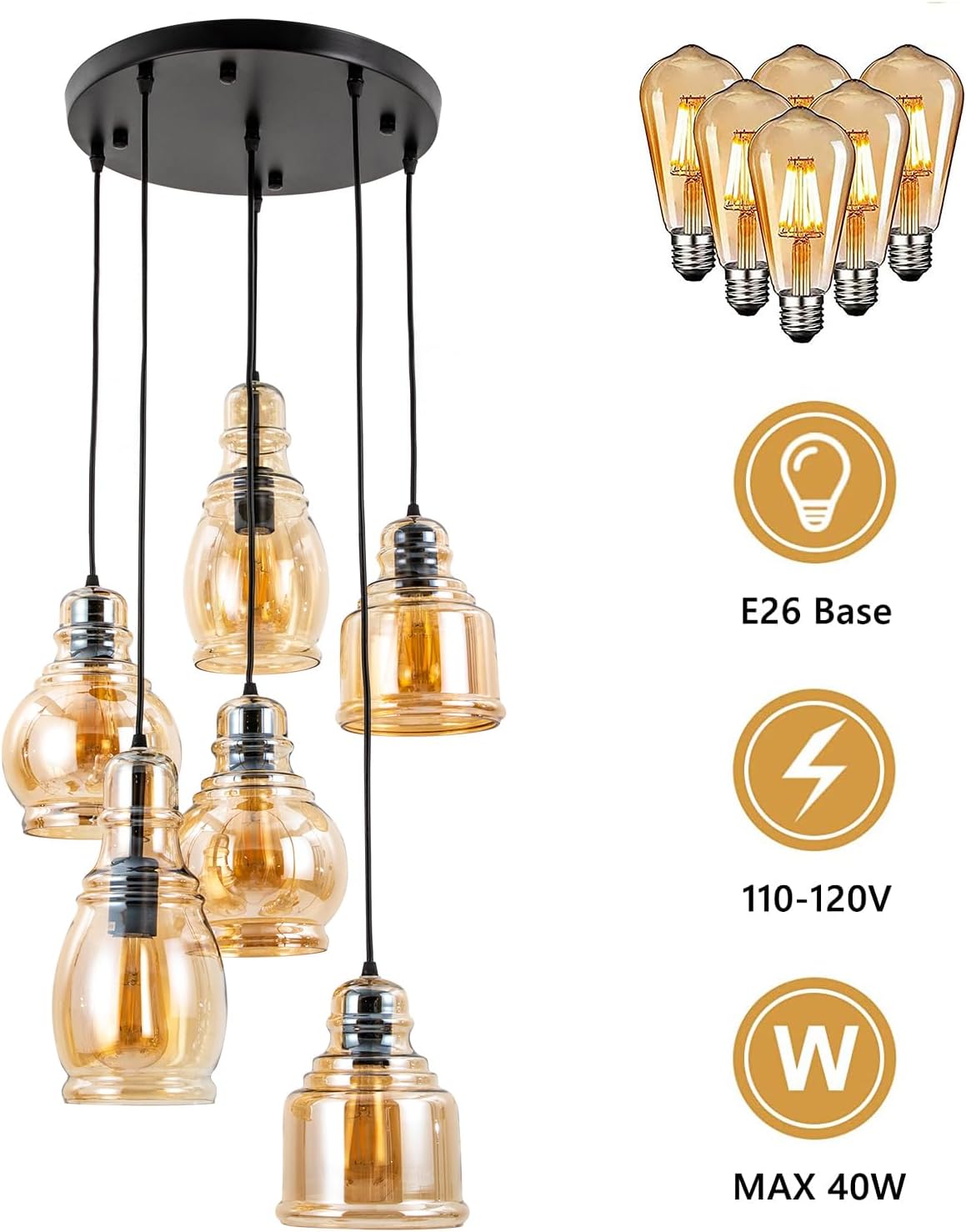 Glass Pendant Chandelier for Dining Room, Hanging Modern Cluster Globe Pendant Lighting, 6 Lights Barn Ceiling Kitchen Island Light Matte Black Gold Finish for Foyer,Hallway, Bedroom