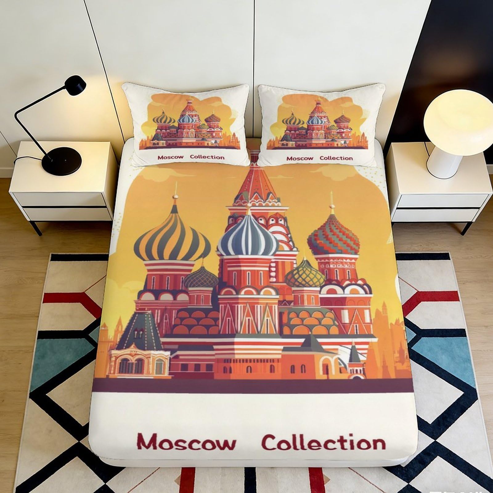 3D Printed Moscow Cathedral Fitted Sheet Microfiber Soft Decor Red Yellow Skyline Bed Cover for Bedroom Guest Room 90x200x25cm