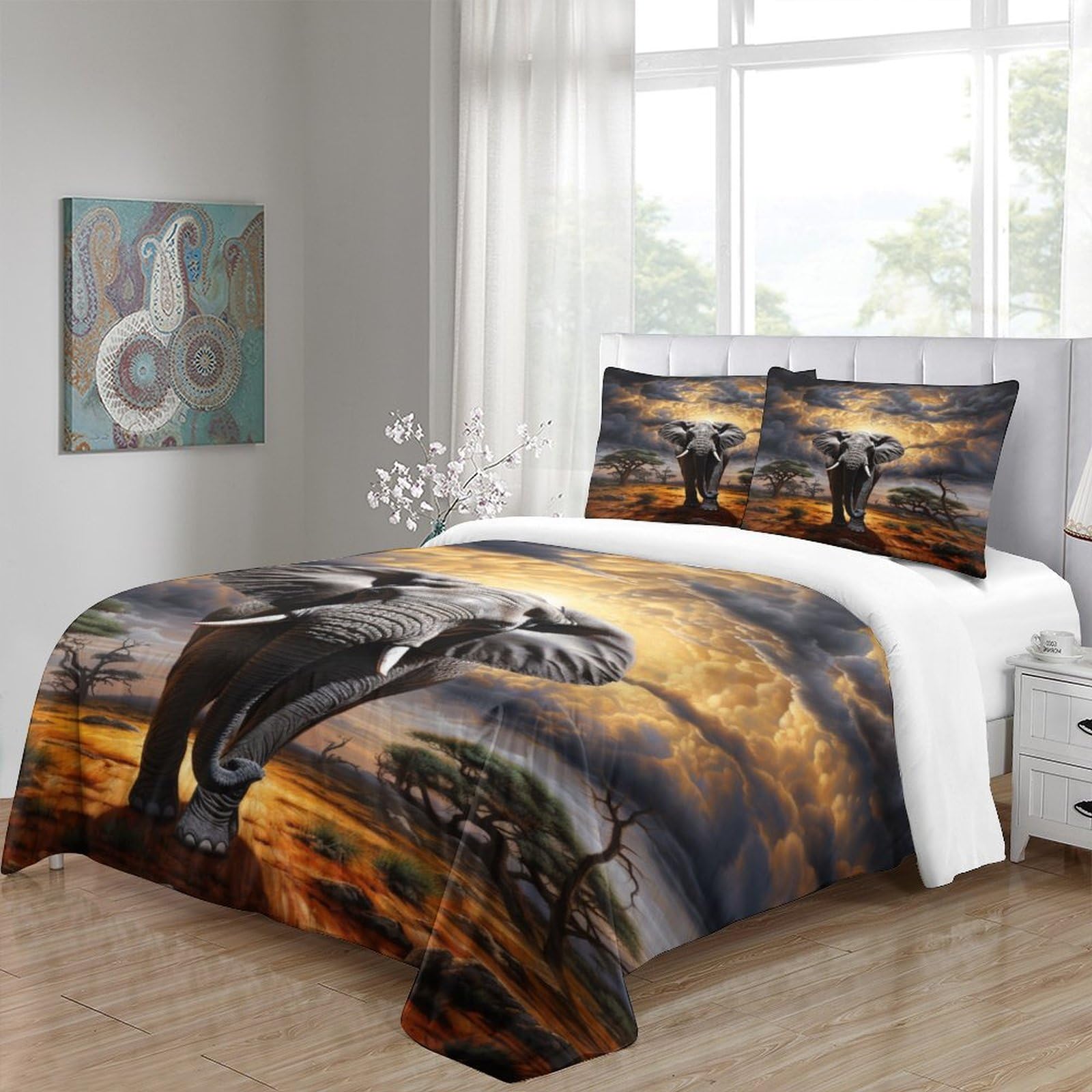 Elefanti africani Microfibra Copripiumino Lenzuola Letto Motivo Per Bambini Adulto Set Biancheria,Matrimoniale Con 3 Pezzi Copripiumino,Anti-acaro Facile Da Curare re（220x240cm）