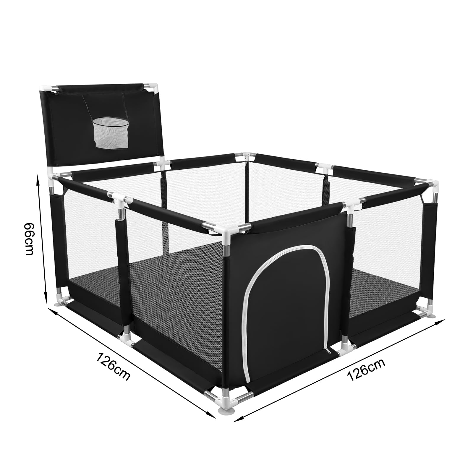 Parc Bébé,d'Activité pour Enfants avec Base,Modulable,Pliable,Grand parc pour enfant en bas âge Avec Porte Zippée,Basketball Rack,Avec 4 Ventouses avec Grille de Protection-126 * 126 * 66cm-Noir