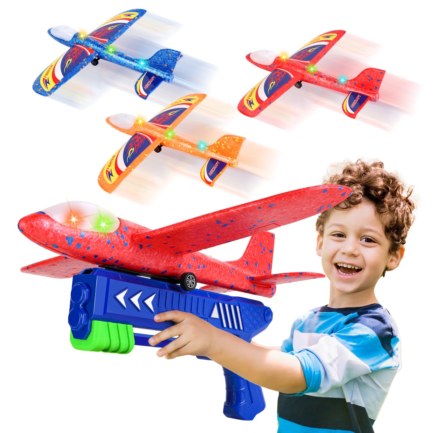 Airplane Launcher Toy,3 Pack LED Foam Glider Catapult Plane Toy for Boys,2 Flight Modes Indoor Outdoor Flying Toys Birthday Gifts for Boys Girls 3 4 5 6 7 8 9 10 11 12 Year Old