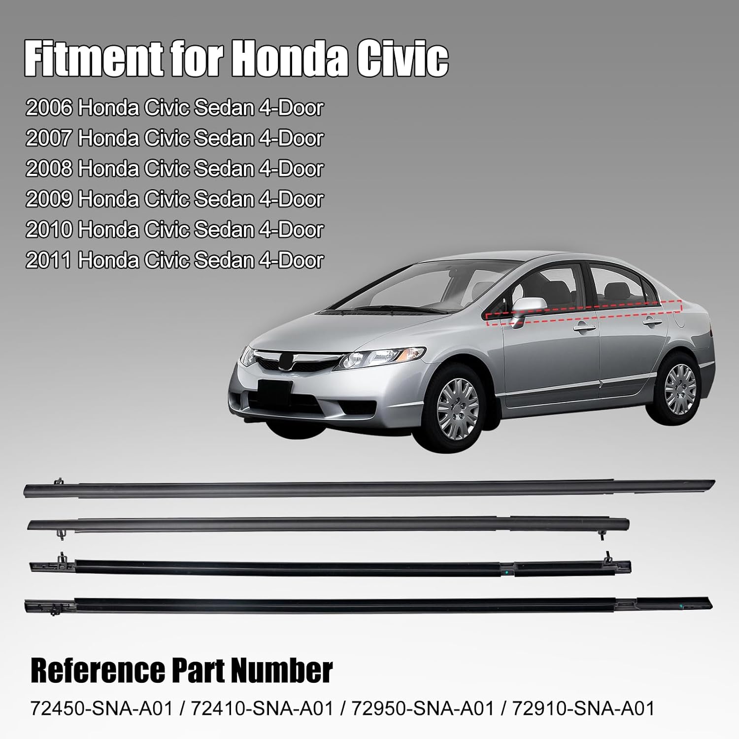 Window Molding Trim Seal for Honda Civic 2006-2011 Accessories, Outer Door Black Rubber Weather Stripping Belt, Replacement 72450-SNA-A01 (4PCS)