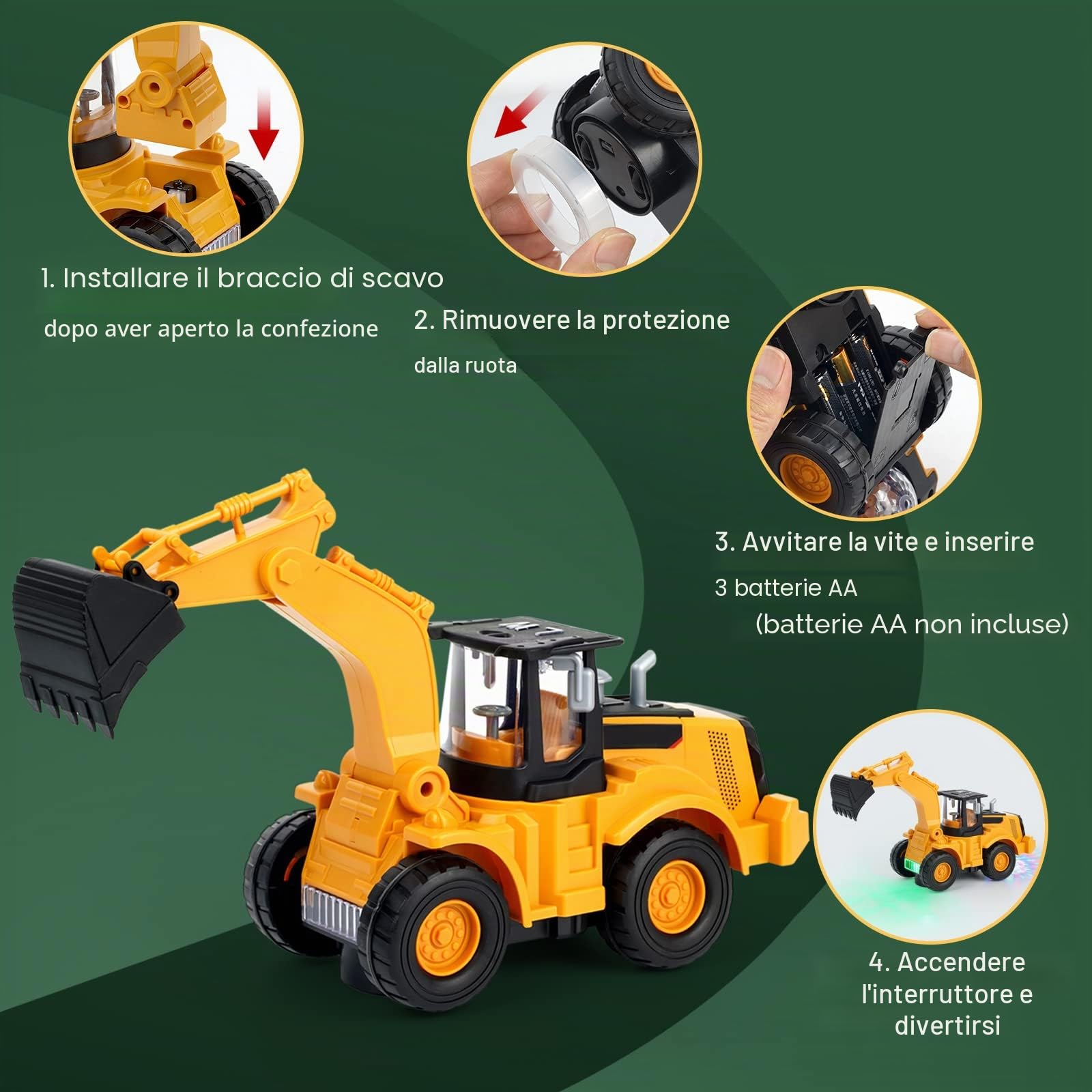 Giocattolo escavatore, guida con suono e luce, veicoli da cantiere per bambini, un giocattolo per bambini, più brani musicali, Regalo Bambini di compleanno per ragazzi e ragazze dai 3 anni in su