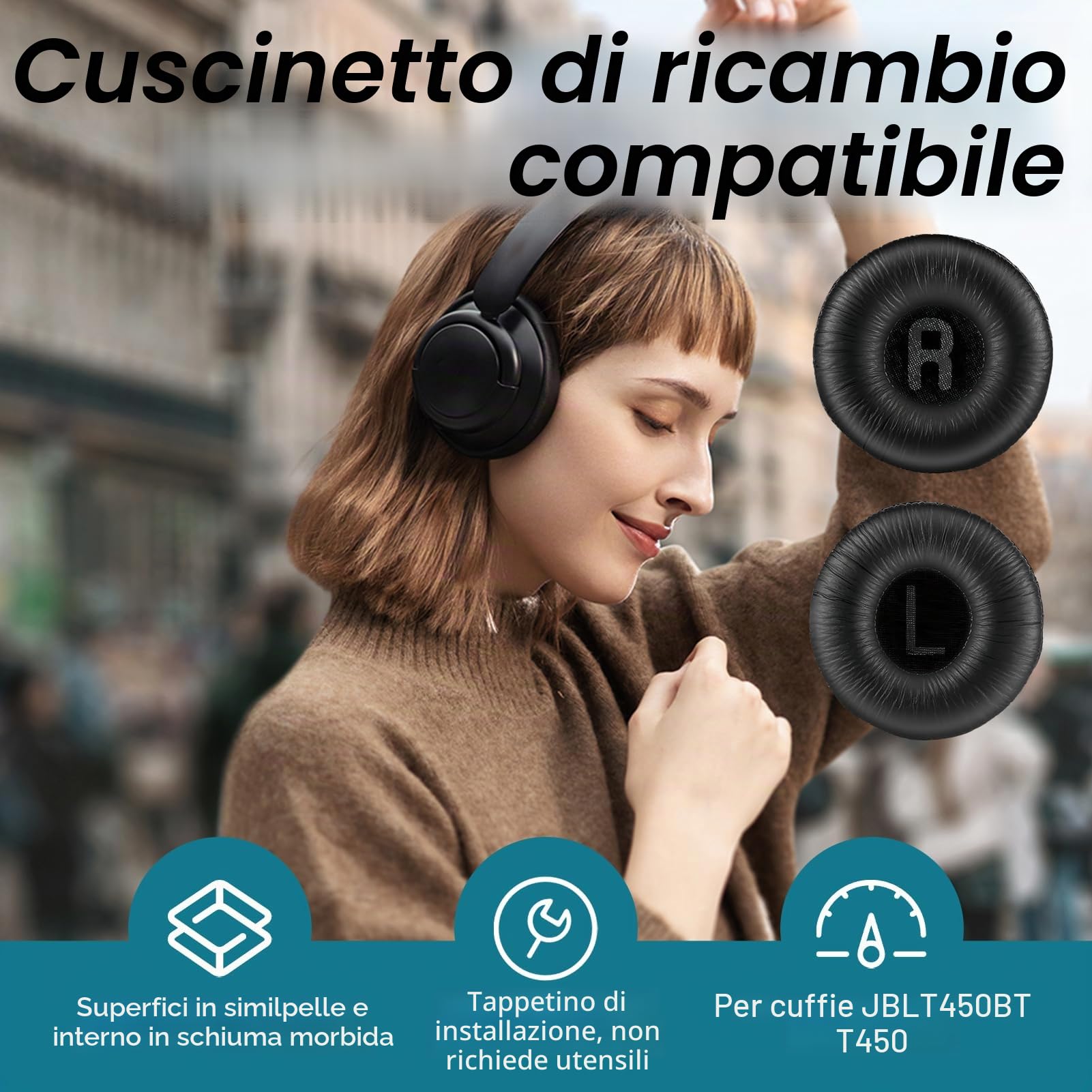 1 Paio Cuscinetti Cuffie e 1 Archetto di Ricambio per JBL Tune600 T500BT T450 T450BT JR300BT, (Non Compatibili con Tune600btnc) Copri Padiglioni Cuffie Universali 70mm con Memory Foam