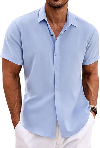 COOFANDY Men's Linen Shirts Short Sleeve Casual Shirts Button Down Shirt for…