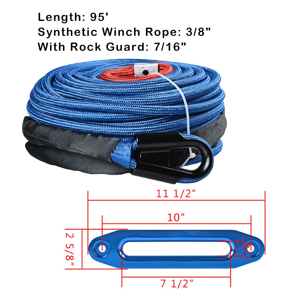 AMOPACORP Set Blue 95 feet x 3/8 inch Synthetic Winch Rope with All Heat Rock Guard and CNC Machine Aluminum 10 inch Hawse Fairlead for SUV Pick Up Truck Off-Road