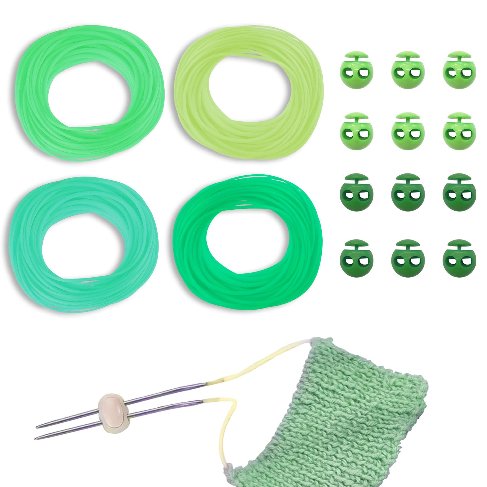 GeryVtee Cord Lock Kit Knitting Stitches Holder Barber Cord Stitch Markers Knit Stiches Keeper 36 Pcs Silicone Stitch Holders & 6 Rolls Round Barber Cords for Knitting Projects (Green Style)