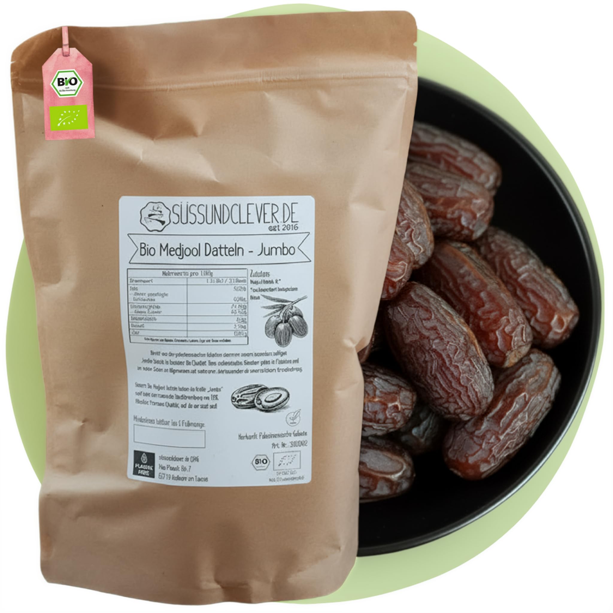 süssundclever.de® | Bio Medjool Datteln aus Palästina | Jumbo | 1 kg | kompostierbare Verpackung - besonders saftig und sehr groß
