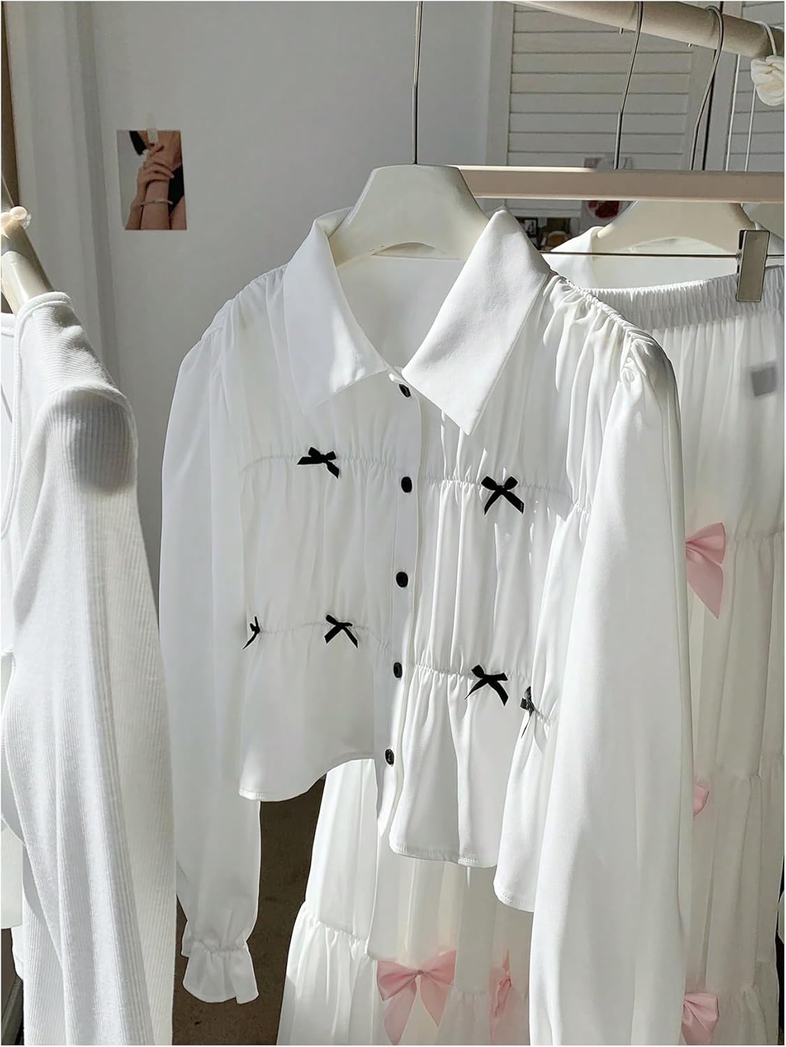 GORGLITTER Women's Crop Button Down Shirts Ruched Bow Tops Cropped Lantern Sleeve Collar Blouses - Image 2