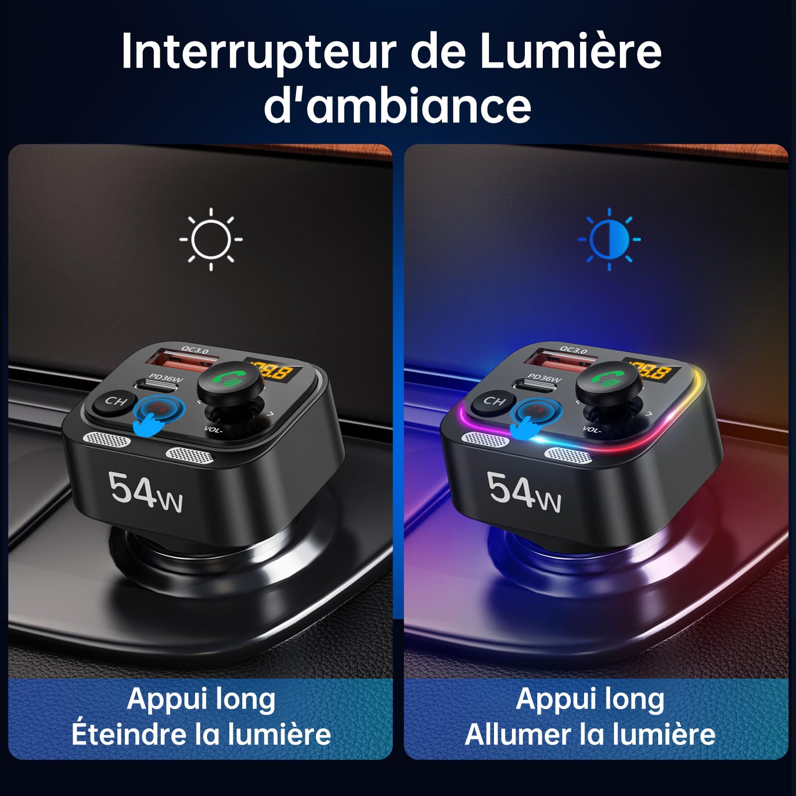 Syncwire Transmetteurs FM Bluetooth 5.4-54W PD&QC3.0 Chargeur de Voiture USB C [Charge Rapide] [Micros Doubles & Son Graves HiFi] [Interrupteur Lumineux] Récepteur Radio Appel en Mains-Libres
