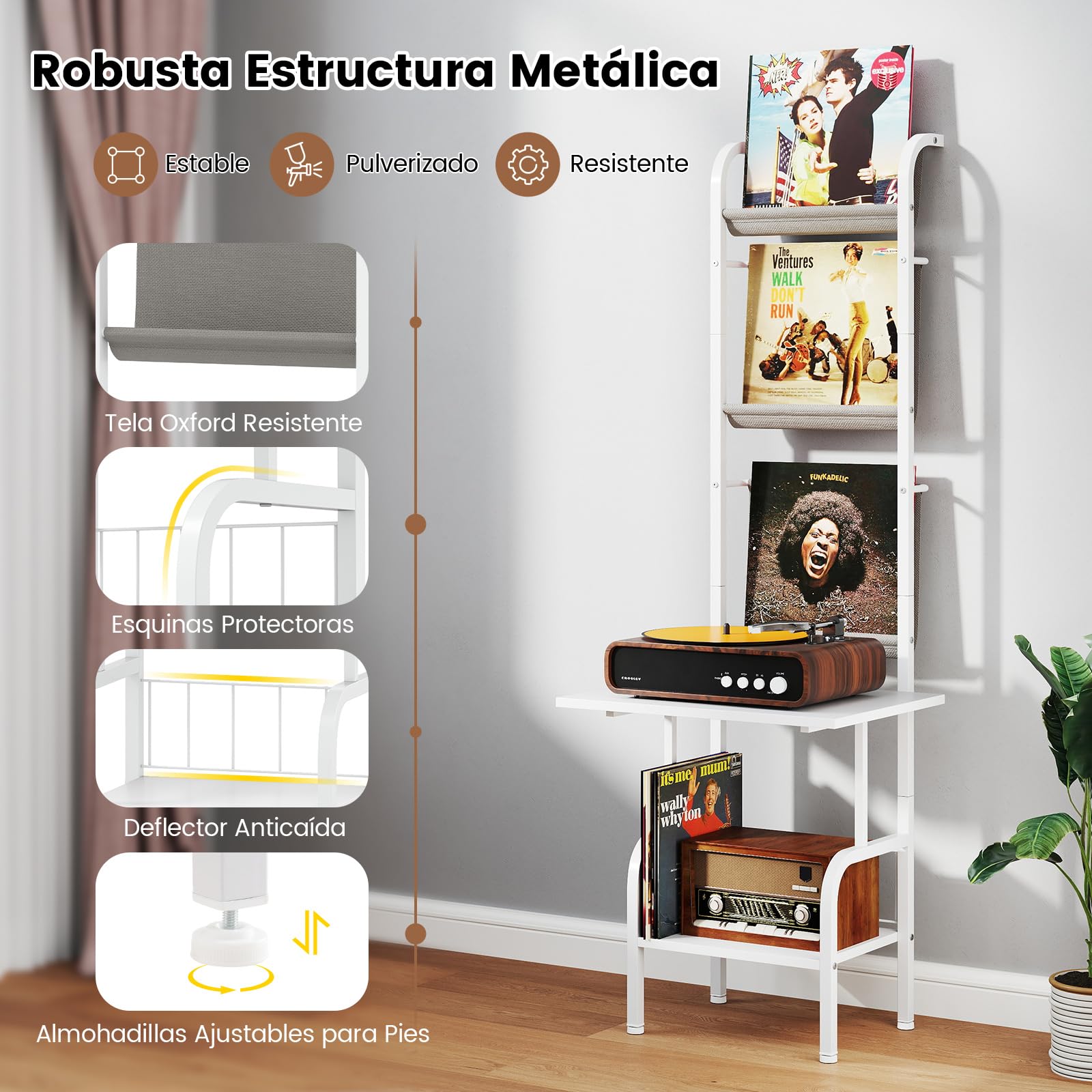 COSTWAY Soporte para Tocadiscos de 5 Niveles, Almacenamiento de Vinilos Armario Tocadiscos con Estante para Exhibición de Vinilos, Mesa para Reproductor de Discos (Blanco)