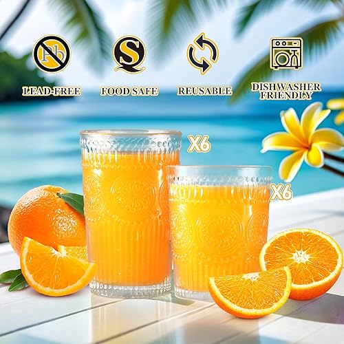 Miniatura 2 de Juego de 12 vasos de bebida vintage, vasos highball de 12 oz y vasos de cristalería acanalados en relieve de 9 oz para cóctel, agua, jugo, café,