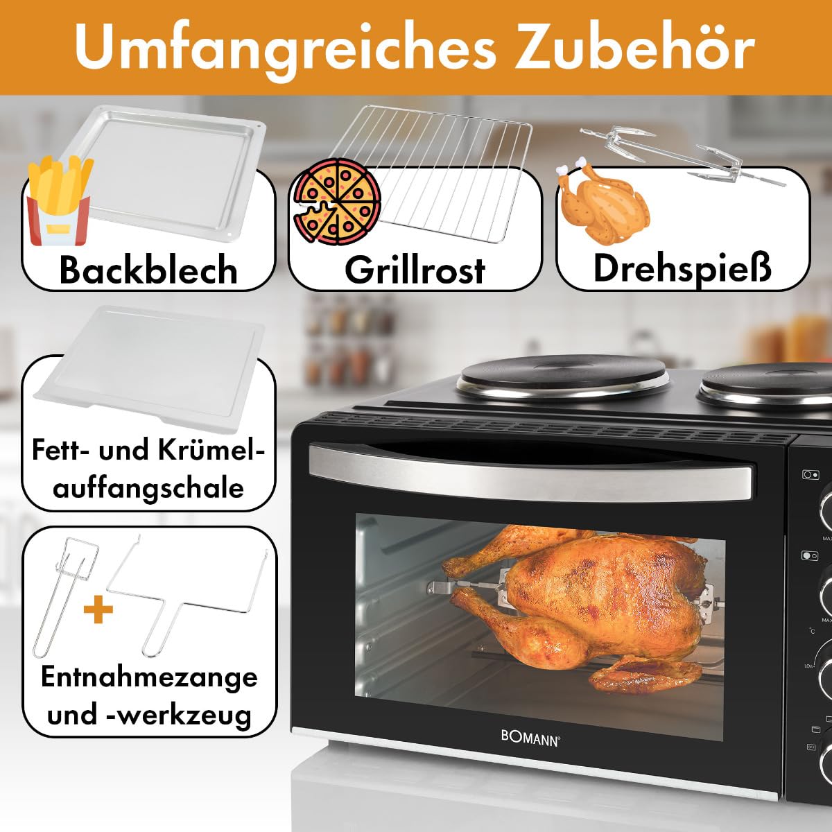 Bomann®mini piekarnik z płytą grzewczą i rożnem | gotowanie i pieczenie w tym samym czasie | 28L obracające się ciepło w górę/dół 100°-230°C | 3100 W z akcesoriami | KK
