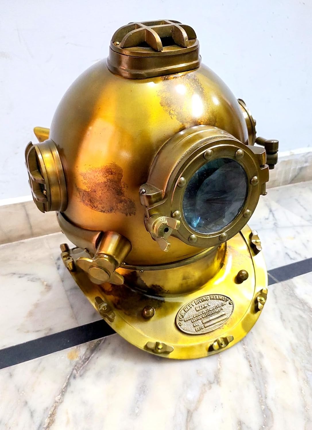 Vintage Brass Diving Helmet, Nautical Marine Decor, Antique Gold, Deep Sea Scuba Style with Glass Window Port