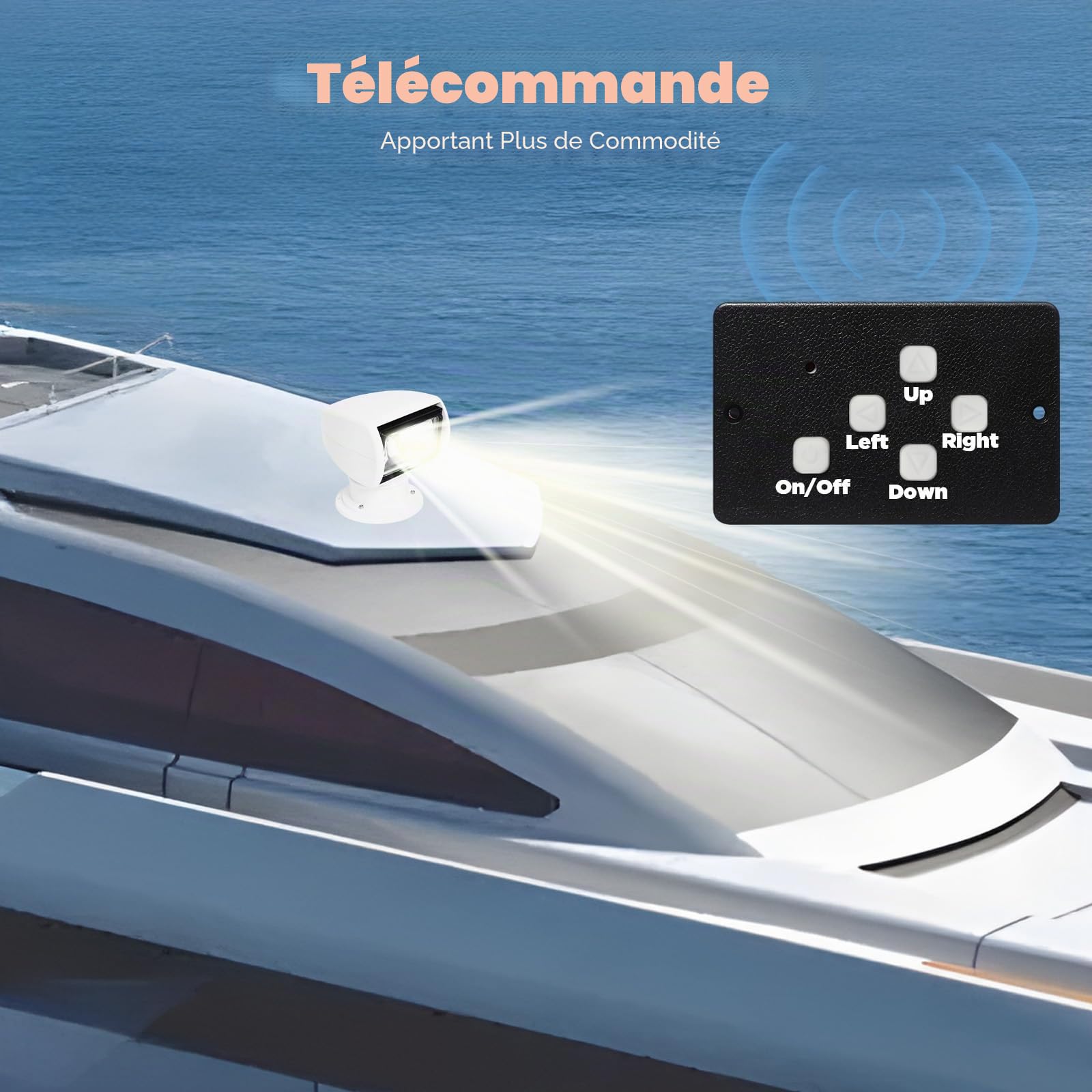 Projecteur de recherche marine télécommandé 100 W halogène 2300 lm Portée 800 m Étanche IP66 Rotation à 355° DC 12 V Blanc Pour bateau et yacht