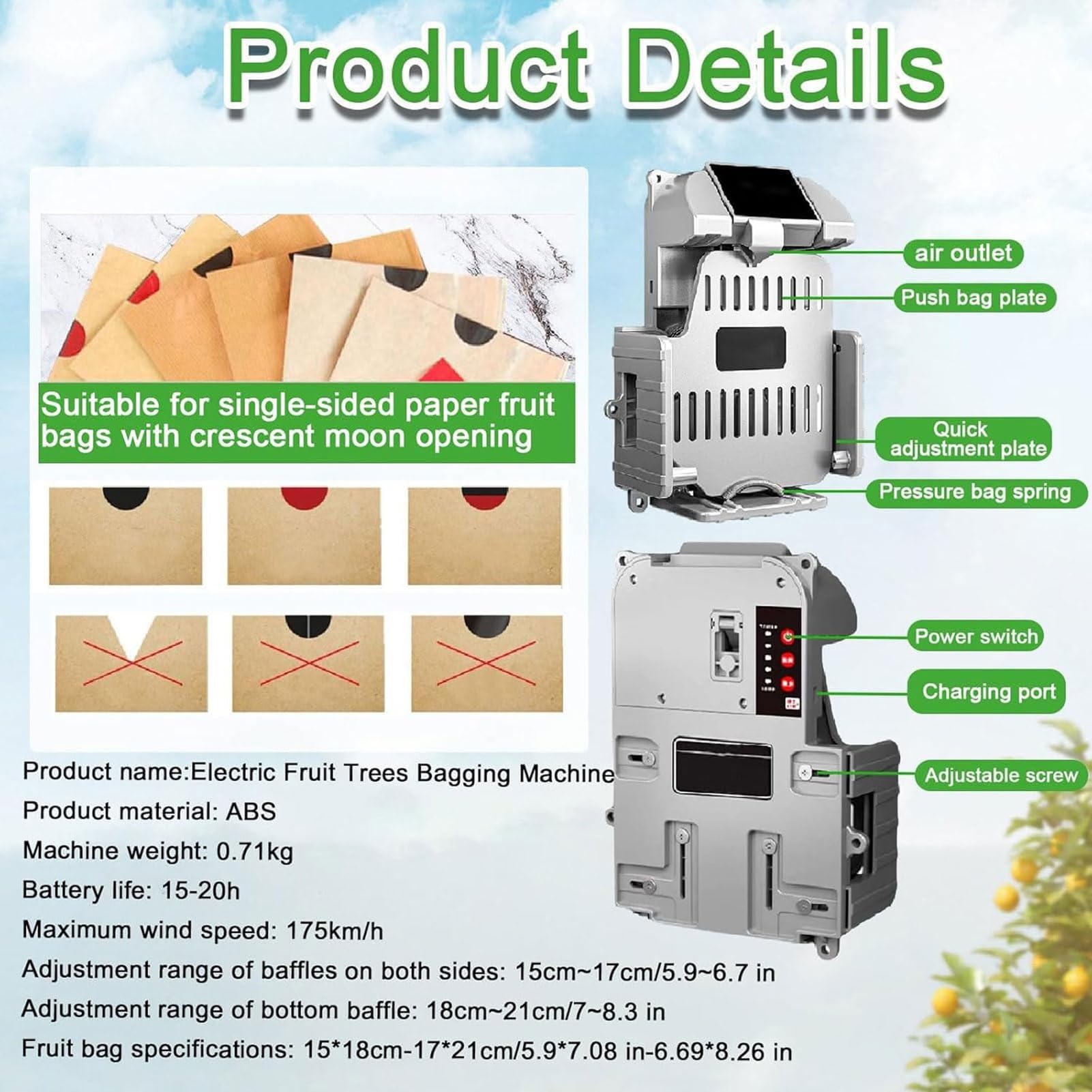 Máquina eléctrica de ensacado de frutas, herramienta ligera para huertos, soporte de embolsado automático, 15-20 bolsas/hora para cultivadores de frutas y entusiastas de la horticultura