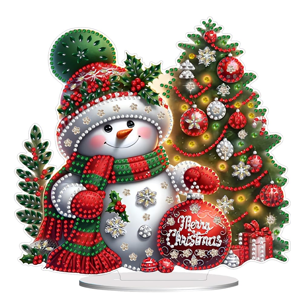 Amzgshop Red Snowman 5D Christmas Diamond Art Desk Ornaments, Diy Snowman & Reindeer Acrylic Tabletop Decoration, Single Sided Diamond Art Table Top Decorations For Holiday Gifts & Home Xmas Decor