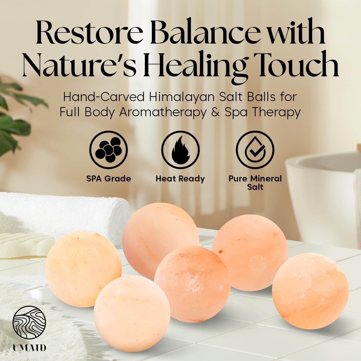 UMAID Himalayan Salt Massage Balls 6-Pack with Cotton Mesh Bag, Natural Therapy Stones for Hot & Cold Muscle Relief, Relaxation & Spa Massage, Warm in Microwave or Chill in Freezer