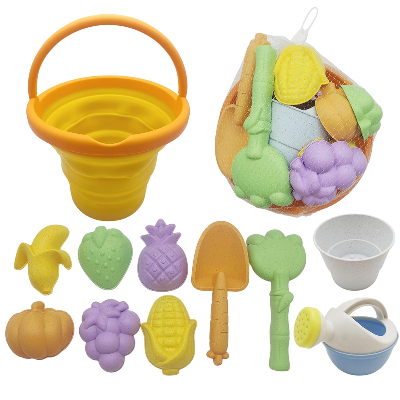 Irunfast 11 Pcs Beach Toys – Collapsible Folding Bucket and Spade Set for Kids, with Fruit & Vegetable Sand Molds – Play Sand Toys for Beach Games, Sandpit, Camping & Gardening