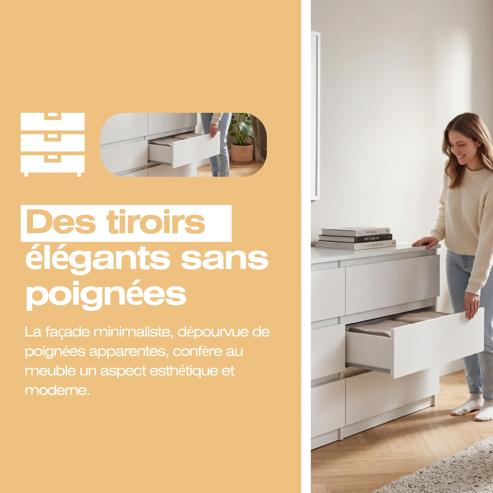 Commode 6 Tiroirs Blanc 120 cm - Design Minimaliste - 120 x 39 x 78,5 cm - Meuble de Rangement Spacieux pour Chambre, Salon ou Bureau