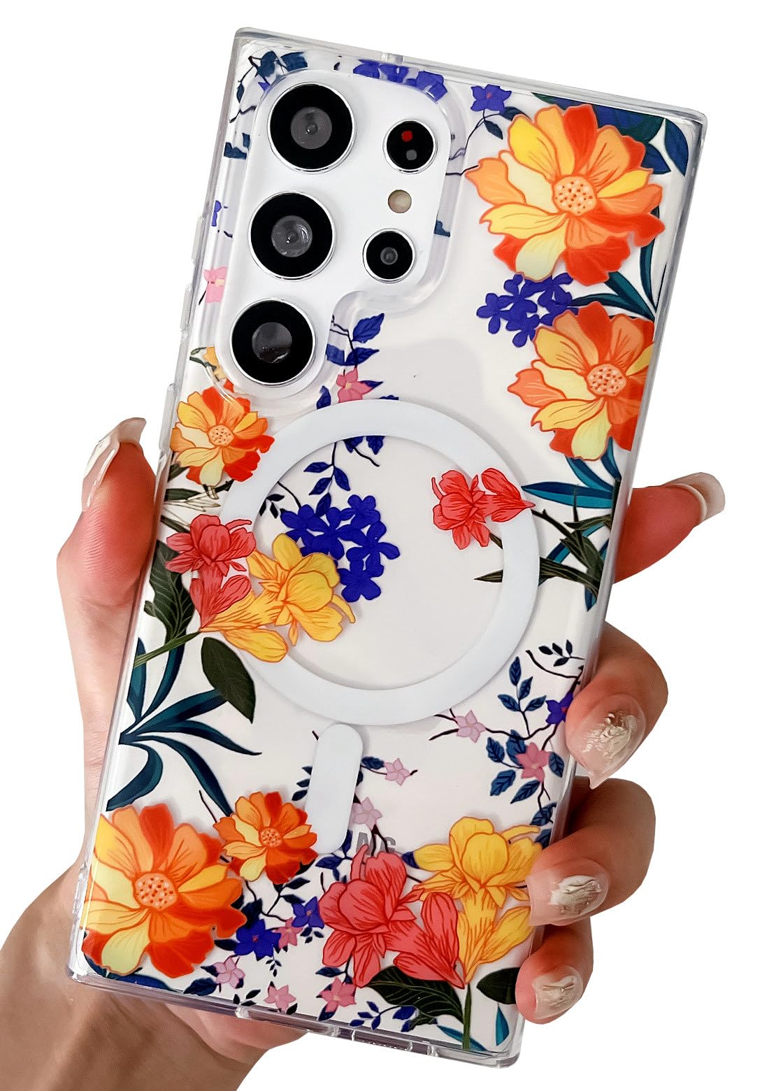 TRODINO Clear Samsung Galaxy S22 Ultra Case Compatible with Magsafe, Cute Vibrant Flowers Design for Women and Girls, [Hard Back + Soft TPU Bumper] Slim Case 6.8” (Orange)